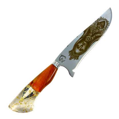 Faca Artesanal 8" Nossa Senhora Aparecida - Gravação a Laser - Cabo Madeira e Resina com Medalha Dourada