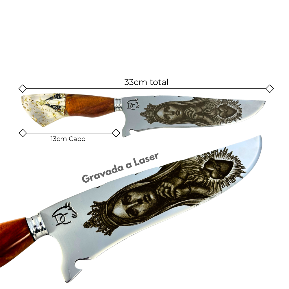 Faca Artesanal 8" Nossa Senhora Aparecida - Gravação a Laser - Cabo Madeira e Resina com Medalha Dourada