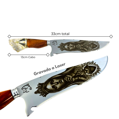 Faca Artesanal 8" Nossa Senhora Aparecida - Gravação a Laser - Cabo Madeira e Resina com Medalha Dourada