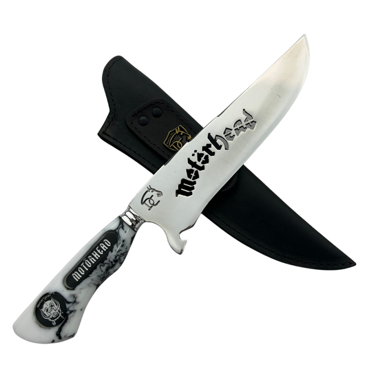 Faca Artesanal Motörhead - Cabo Marmorizado Branco e Preto - Logo Gravado - Bainha Couro - Embalagem Premium