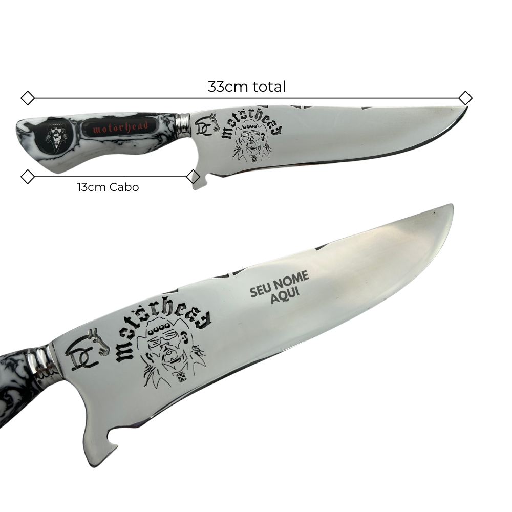 Faca Artesanal Motörhead - Cabo Marmorizado Branco e Preto - Logo Gravado - Bainha Couro - Embalagem Premium | Doma Crioula Cutelaria Artesanal