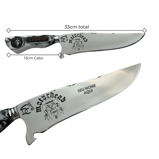 Faca Artesanal Motörhead - Cabo Marmorizado Branco e Preto - Logo Lemmy Gravado - 33cm Total - Modelo 2