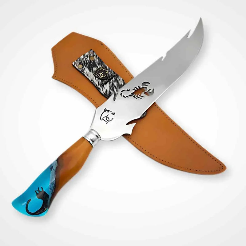 Faca Picanheira Escorpião Artesanal 10" Aço Inox Polido - Cabo Resina Artística Azul