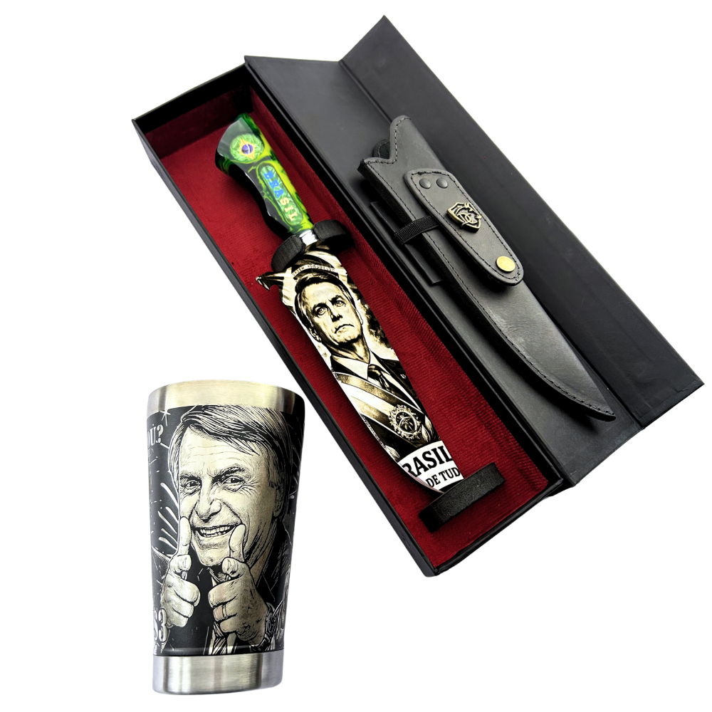 Kit Bolsonaro - Faca Artesanal + Copo Térmico - Gravação a Laser 360° - 2 Peças