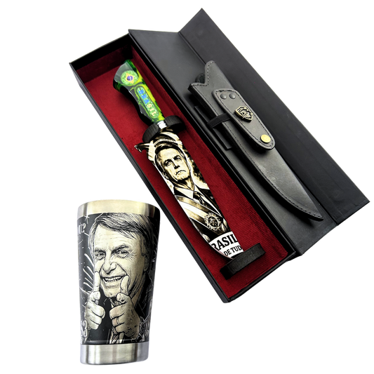 Kit Bolsonaro - Faca Artesanal + Copo Térmico - Gravação a Laser 360° - 2 Peças