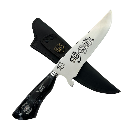 Faca Artesanal Aerosmith - Cabo Marmorizado Preto - Logo Rock & Roll Gravado - 33cm Total - Bainha Couro