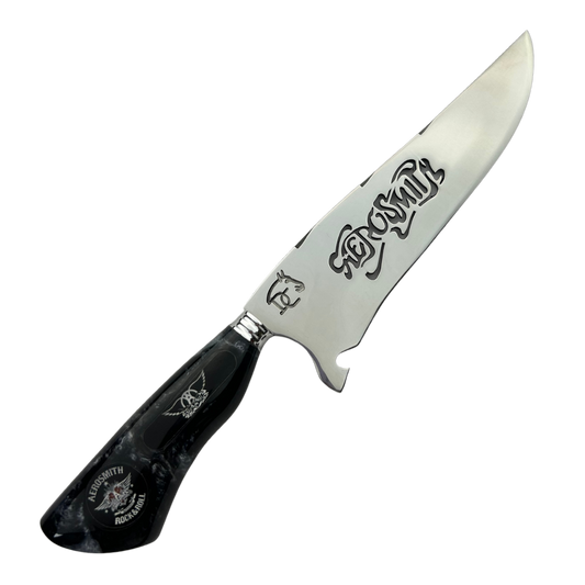 Faca Artesanal Aerosmith - Cabo Marmorizado Preto - Logo Rock & Roll Gravado - 33cm Total - Bainha Couro