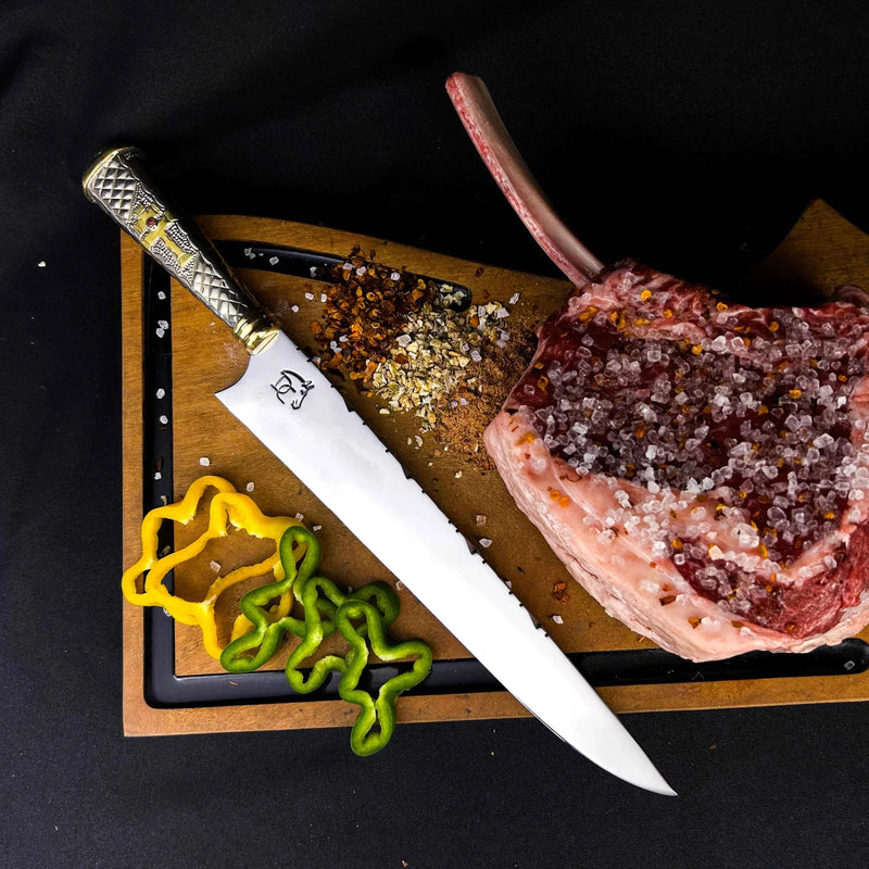 Faca Campeira Alpaca Talha Dourada 10" Aço 420C - Cruz Missioneira Cabo Metal Ornamentado