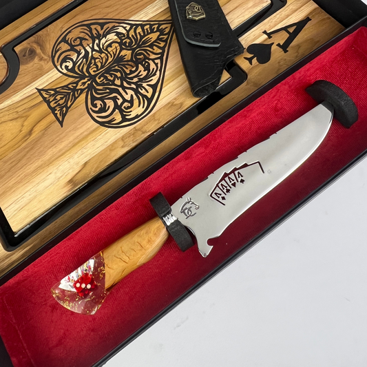 Kit Churrasco Baralho Premium - Tábua Ás de Copas + Faca 8 Polegadas - Caixa Presente Exclusiva