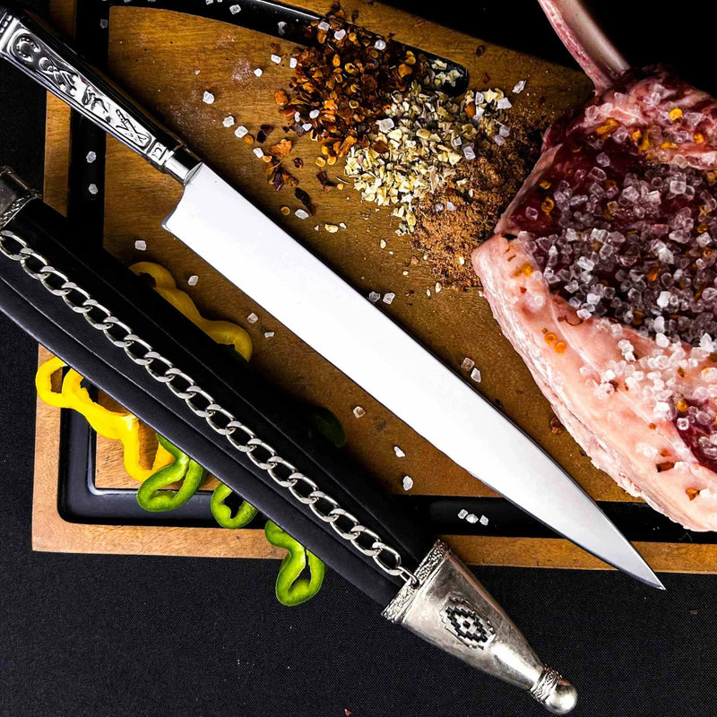 Faca Campeira Herança Gaúcha 9" Aço Inox 420C - Cabo Metal Bainha Couro Corrente