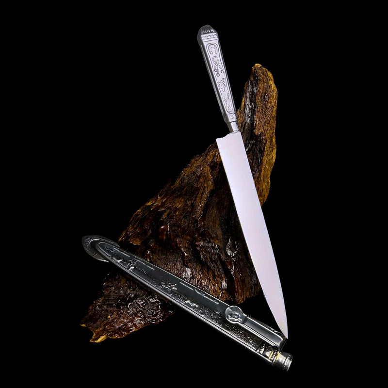 Faca Artesanal Relíquia Gaúcha Prateada 7" Aço 420C - Cabo Metal Bainha Decorada
