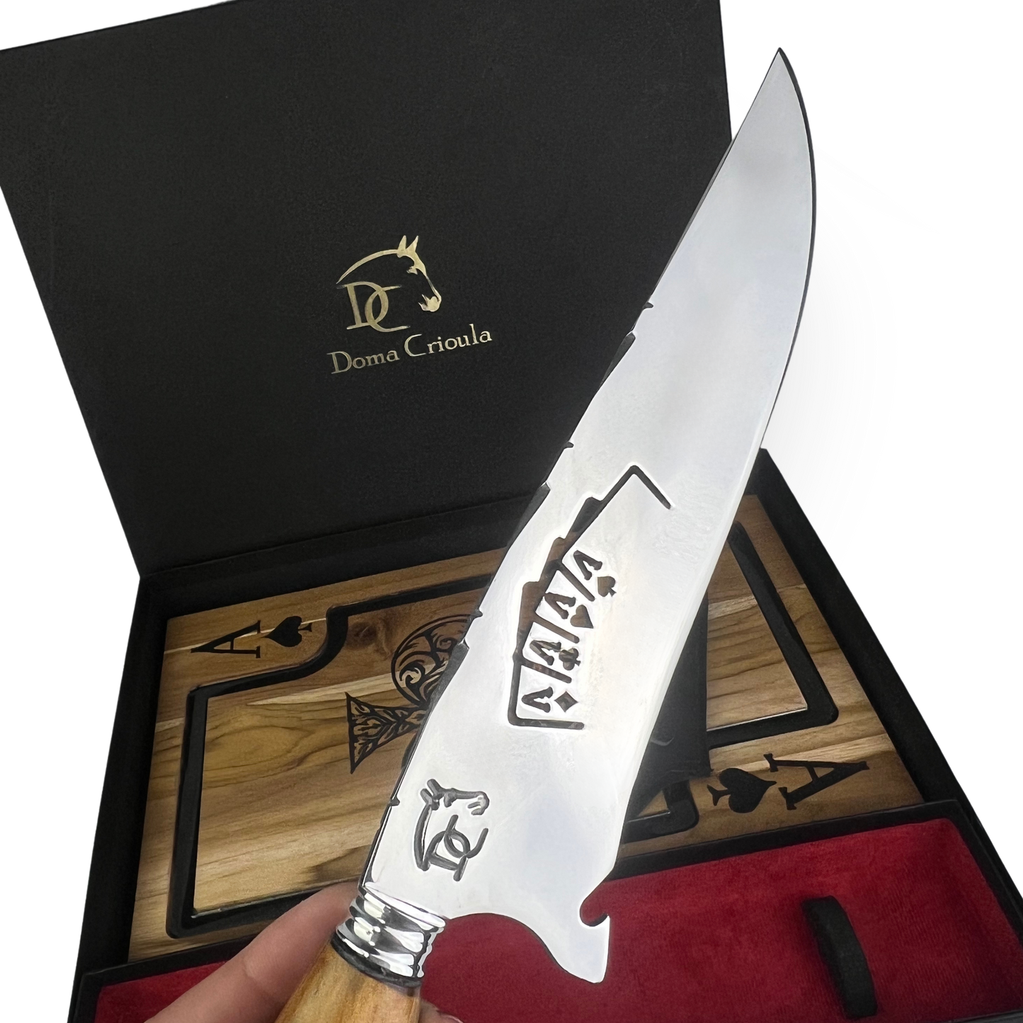 Kit Baralho Premium - Tábua Ás de Copas + Faca 8 Polegadas - Caixa Presente Exclusiva