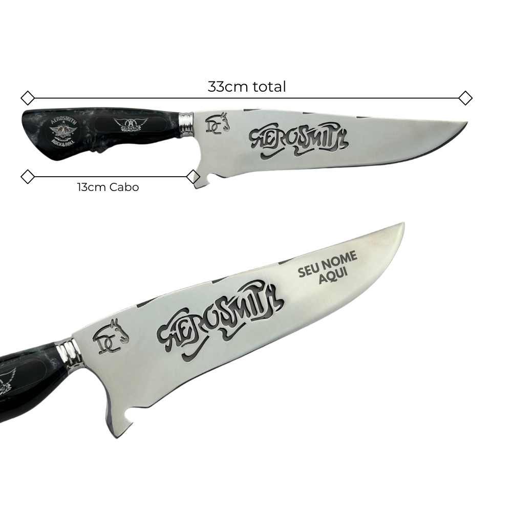 Faca Artesanal Aerosmith - Cabo Marmorizado Preto - Logo Rock & Roll Gravado - 33cm Total - Bainha Couro | Doma Crioula Cutelaria Artesanal