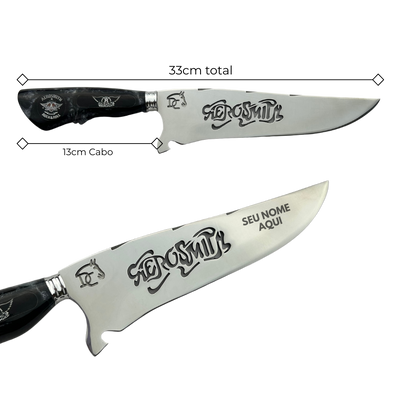 Faca Artesanal Aerosmith - Cabo Marmorizado Preto - Logo Rock & Roll Gravado - 33cm Total - Bainha Couro | Doma Crioula Cutelaria Artesanal