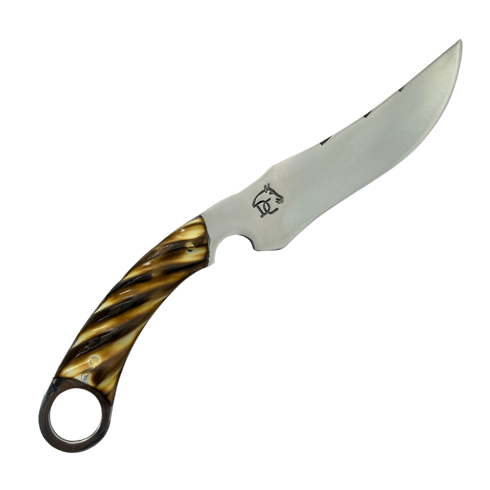 Faca Artesanal 8" Full Tang - Lâmina 3mm - Cabo Chifre de Cervo Trabalhado - Detalhes Maçarico - Guarda Circular Aço