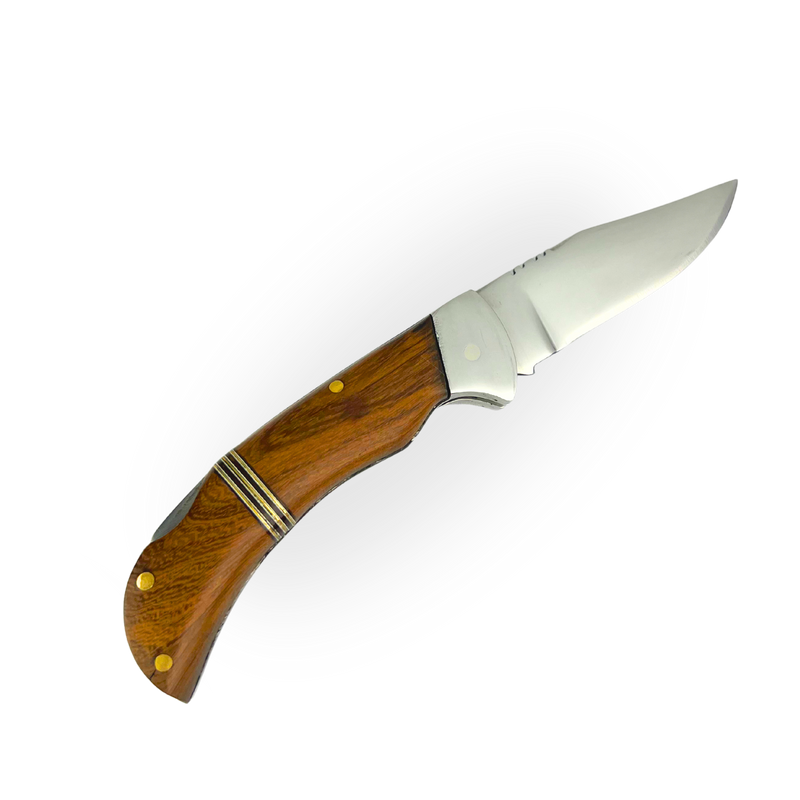 Canivete Artesanal Aço Inox 420C 4 Polegadas - Cabo Madeira com Anel Latão e Trava