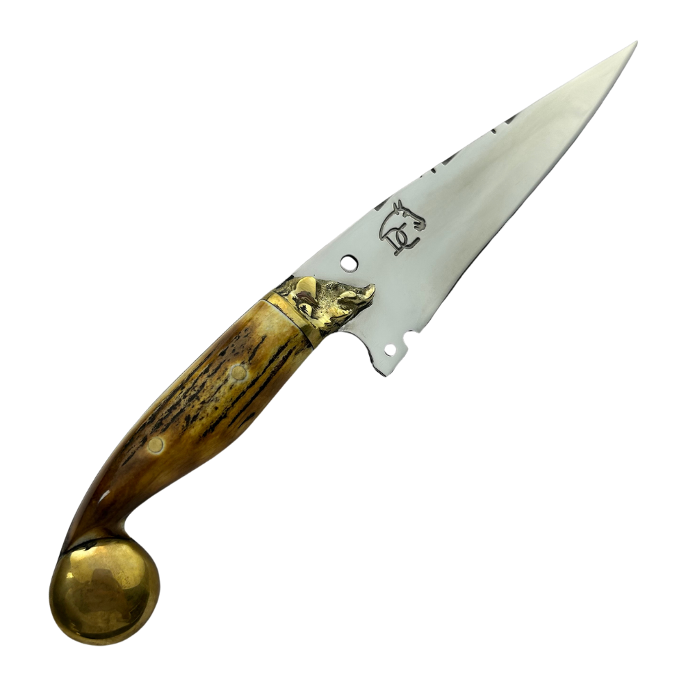 Faca Artesanal 7" - Lâmina 3mm - Cabo Chifre de Cervo Queimado - Guarda Javali Latão - Ponta Latão Dourado - 30cm Total
