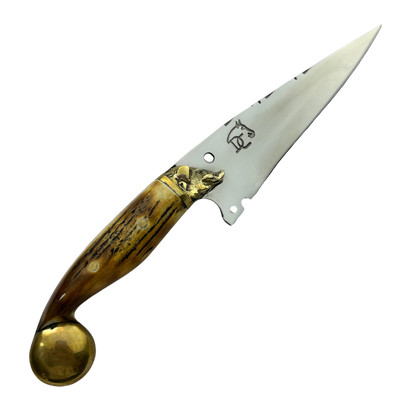 Faca Artesanal 7" - Lâmina 3mm - Cabo Chifre de Cervo Queimado - Guarda Javali Latão - Ponta Latão Dourado - 30cm Total