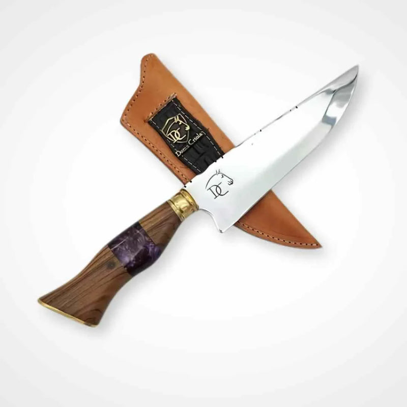 Faca Artesanal 8" Aço Inox Polido - Cabo Madeira e Resina Roxa com Guarda Latão
