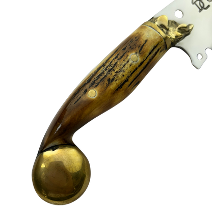 Faca Artesanal 7" - Lâmina 3mm - Cabo Chifre de Cervo Queimado - Guarda Javali Latão - Ponta Latão Dourado - 30cm Total