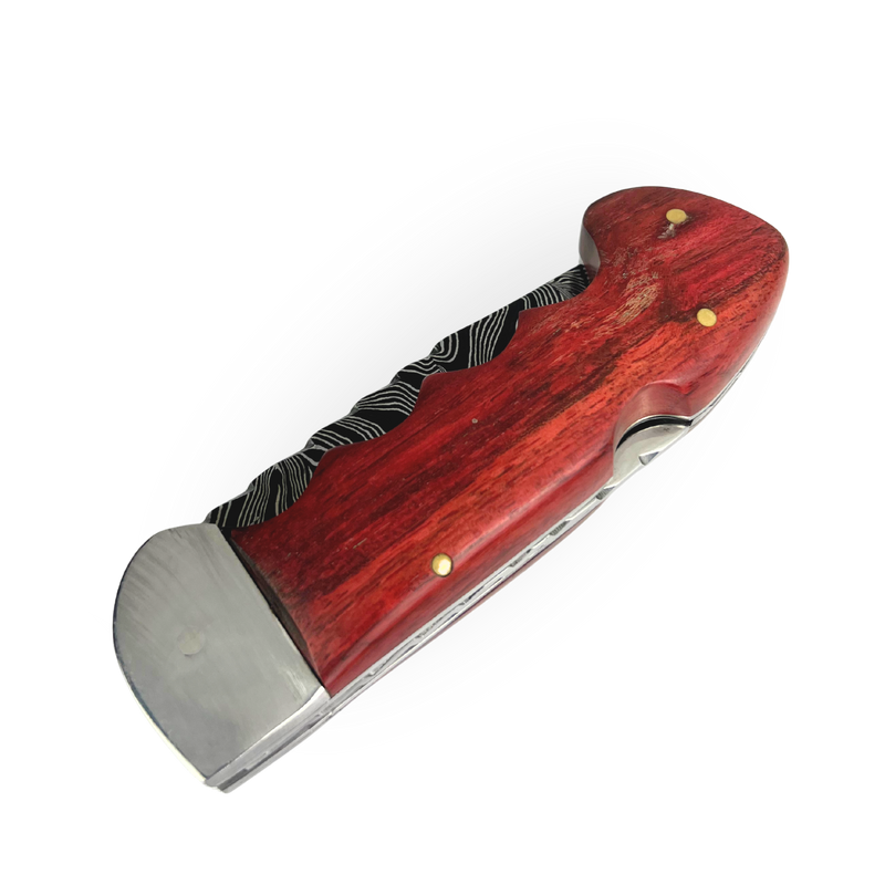 Canivete Damasco 4 Polegadas - Dorso Mosqueado - Cabo Madeira Selecionada com Trava