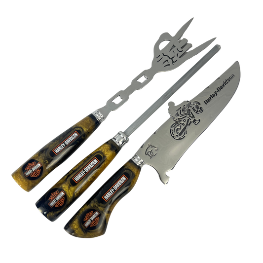 Kit Churrasco Faca, Garfo e Chaira Harley-Davidson - Cabo Resina Personalizado