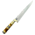 Faca de Churrasco Artesanal 11" - Cabo Osso Bovino Queimado - Detalhes Latão Dourado - 33cm Total
