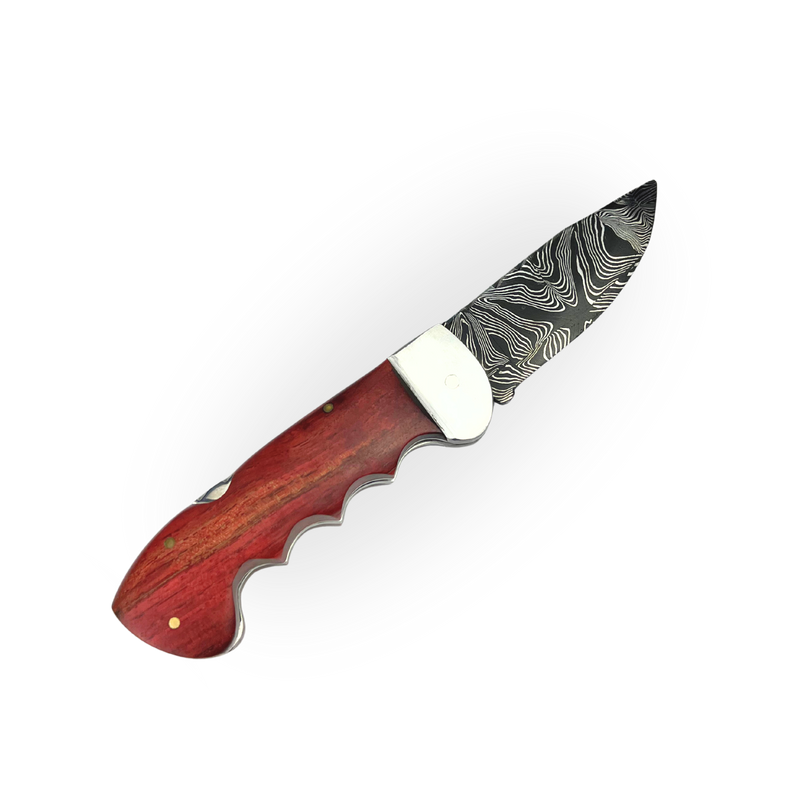 Canivete Damasco 4 Polegadas - Dorso Mosqueado - Cabo Madeira Selecionada com Trava