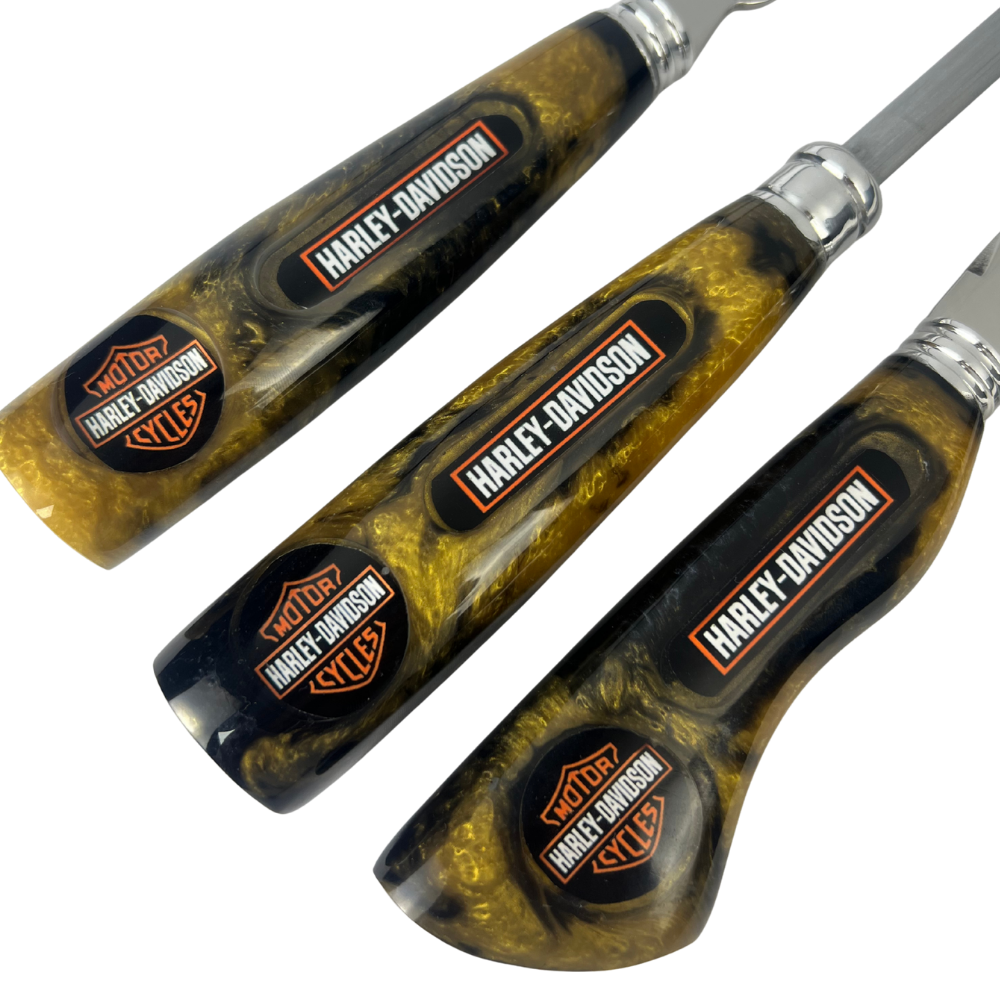 Kit Faca, Garfo e Chaira Harley-Davidson - Cabo Resina Personalizado