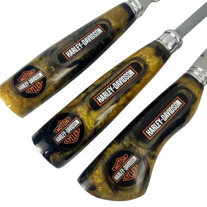 Kit Faca, Garfo e Chaira Harley-Davidson - Cabo Resina Personalizado