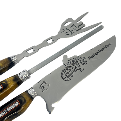 Kit Faca, Garfo e Chaira Harley-Davidson - Cabo Resina Personalizado