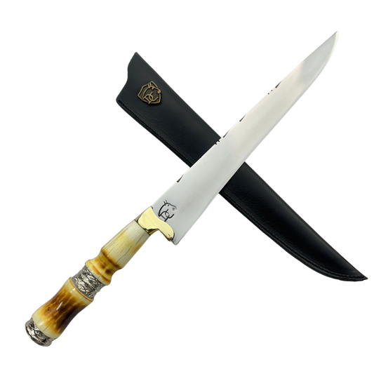 Faca de Churrasco Artesanal 11" - Cabo Osso Bovino Queimado - Detalhes Latão Dourado - 33cm Total