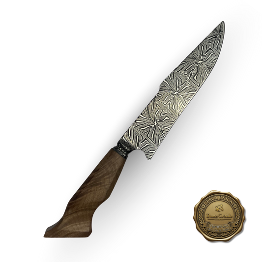 Faca Damasco Padrão Mosaico 8 Polegadas - Cabo Madeira Spalted - Peça Única Exclusiva