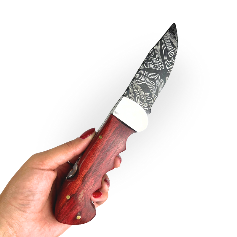 Canivete Damasco 4 Polegadas - Dorso Mosqueado - Cabo Madeira Selecionada com Trava