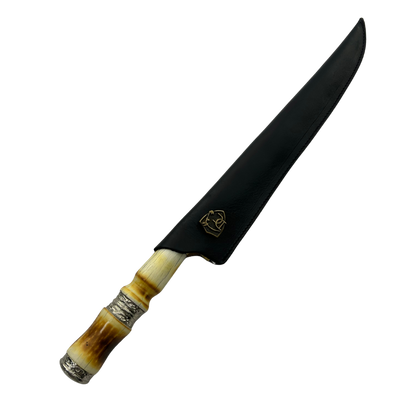 Faca de Churrasco Artesanal 11" - Cabo Osso Bovino Queimado - Detalhes Latão Dourado - 33cm Total | Doma Crioula Cutelaria Artesanal