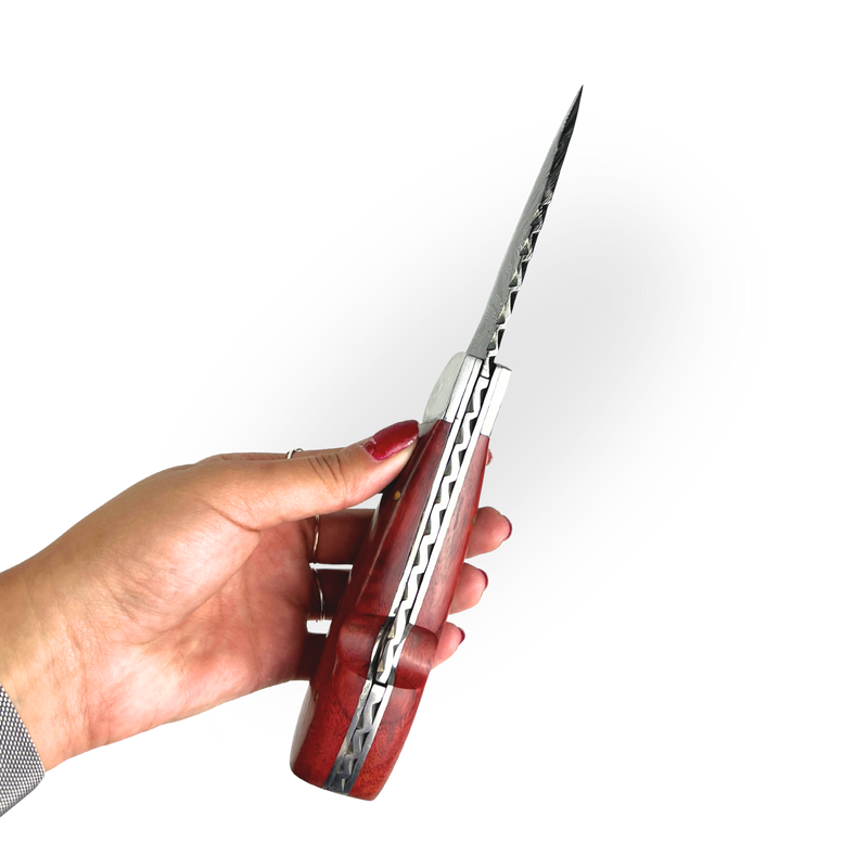 Canivete Damasco 4 Polegadas - Dorso Mosqueado - Cabo Madeira Selecionada com Trava