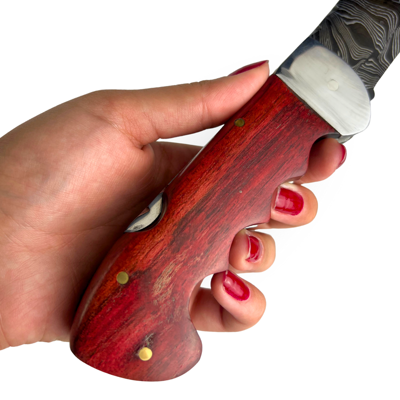 Canivete Damasco 4 Polegadas - Dorso Mosqueado - Cabo Madeira Selecionada com Trava