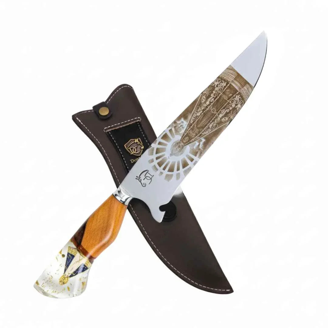 Faca de Churrasco Artesanal 10" Aço Inox 420C - Cabo Madeira Resina Dourada Fé Gaúcha