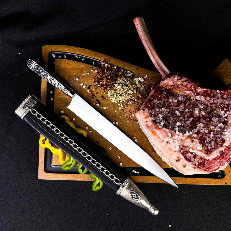 Faca Campeira Herança Gaúcha 9" Aço Inox 420C - Cabo Metal Bainha Couro Corrente