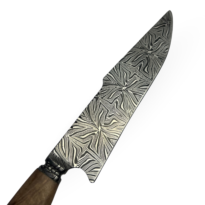 Faca Damasco Padrão Mosaico 8 Polegadas - Cabo Madeira Spalted - Peça Única Exclusiva