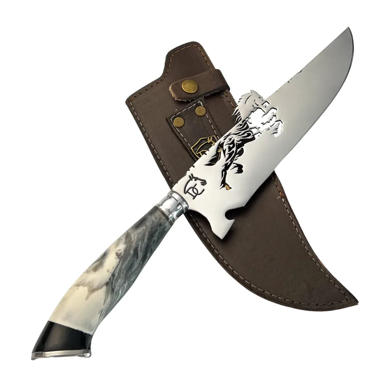 Faca Artesanal para Churrasco 8" Tema Cavalo - Cutelaria Gaúcha Tradição Campeira