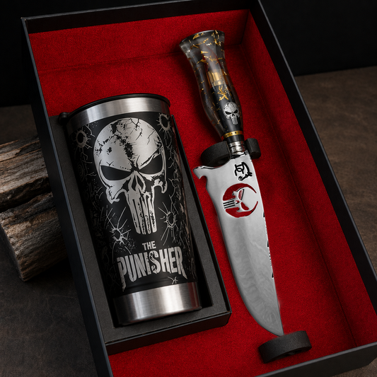 Kit Justiceiro – Faca 8" + Copo Térmico – The Punisher