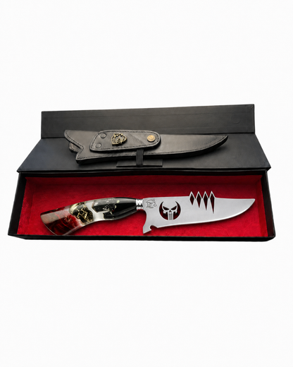 Faca Artesanal Justiceiro Skull Gold – Lâmina 8" com Símbolo Vazado