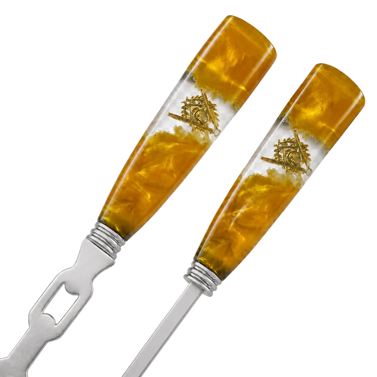 Cabos em resina âmbar com símbolo maçônico dourado