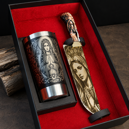 Kit Nossa Senhora - Faca Artesanal Full Tang + Copo Térmico - Gravação a Laser 360° - 2 Peças