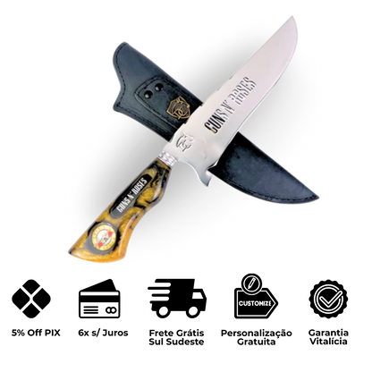 Faca Artesanal Guns N' Roses 8 Polegadas - Aço Inox com Bainha de Couro