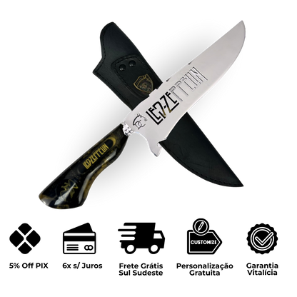 Faca Picanheira 8" Led Zeppelin - Cabo Resina Preta e Dourada