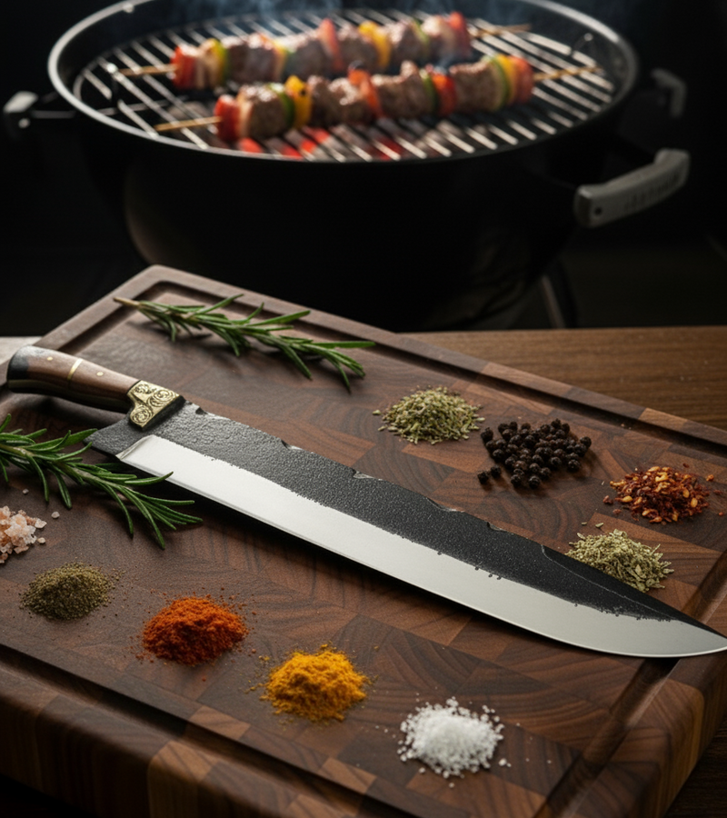 Faca Exclusiva Forjada Trilho de Trem 18 Polegadas - Cabo Madeira Nó de Pinho com Resina - Peça Única