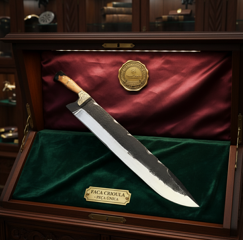 Faca Exclusiva Forjada Trilho de Trem 18 Polegadas - Cabo Madeira Nó de Pinho com Resina - Peça Única