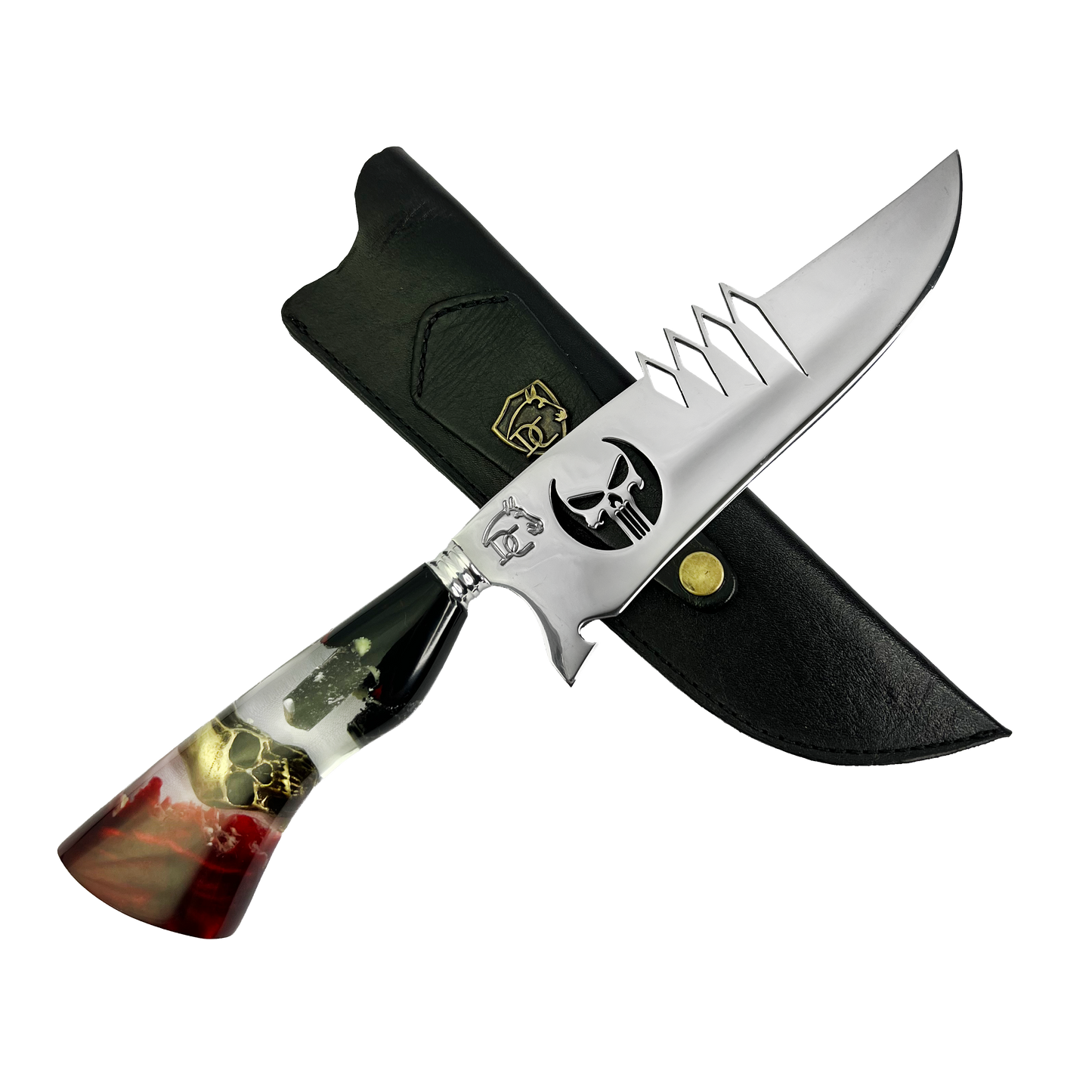Faca Artesanal Justiceiro Skull Gold – Lâmina 8" com Símbolo Vazado